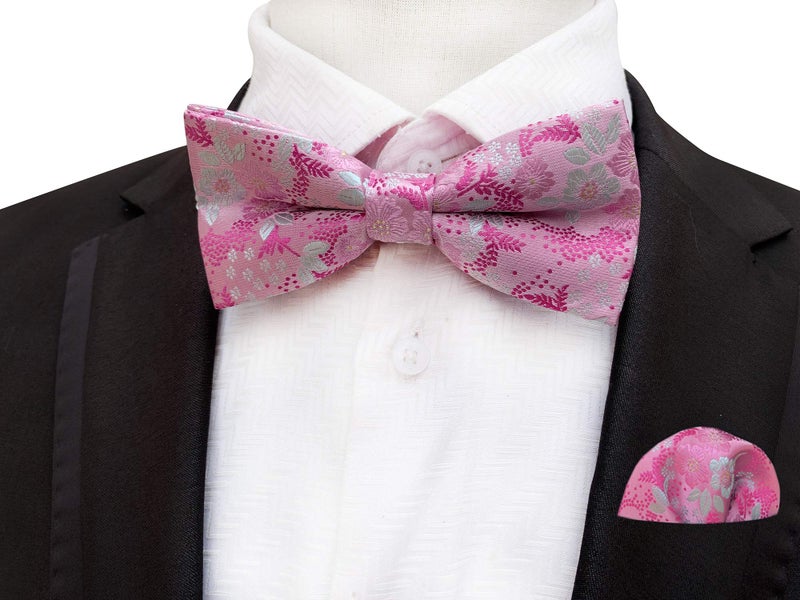 Elfeves Mens Women Boys Pink White Floral Jacquard Silk Bow Tie Pocket Square Set Formal Designer Self Necktie - Image 2